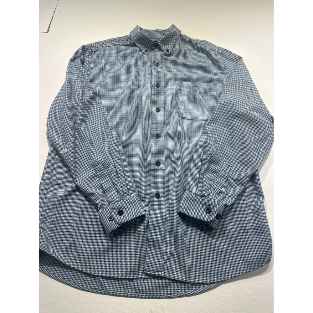 LL Bean Mens Traditional Fit Houndstooth Cotton Button Down Shirt Blue Green M